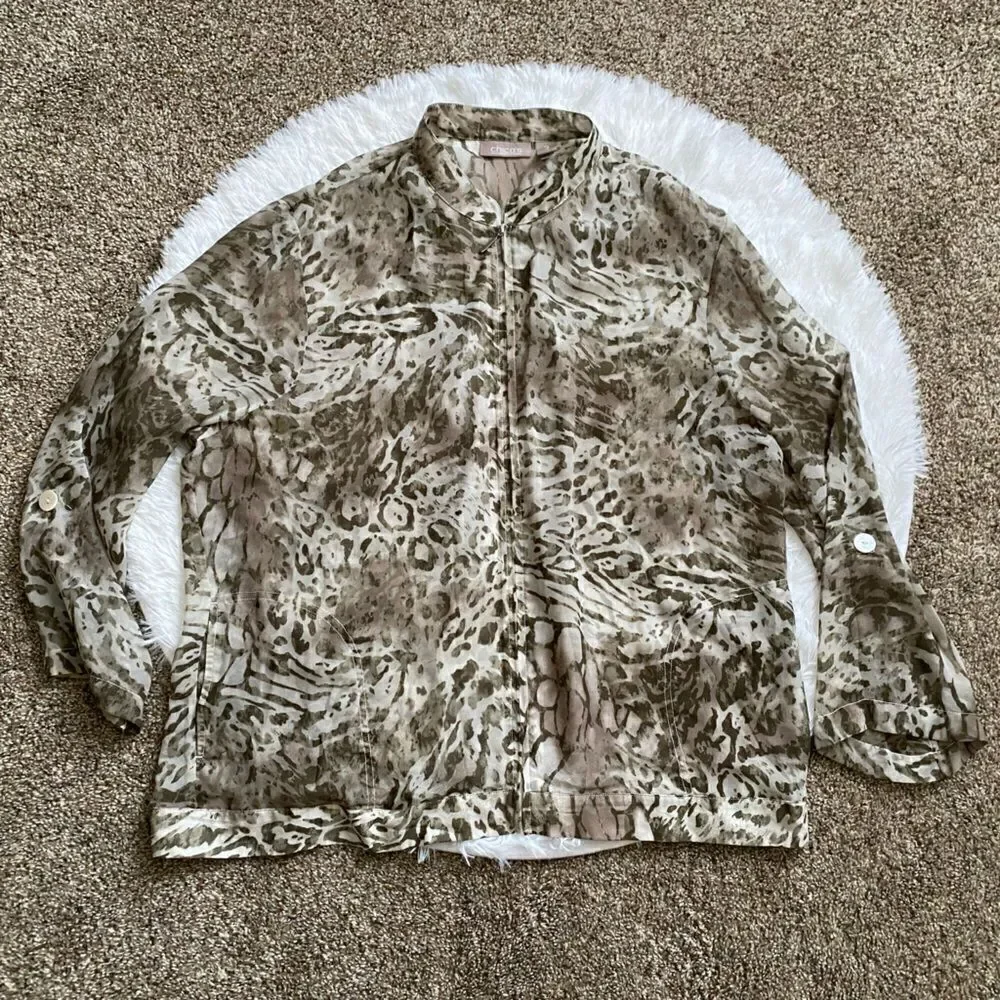 Chico’s Jacket Animal Print Sheer Zip Front Pockets Thin Lightweight‎ Size 3X